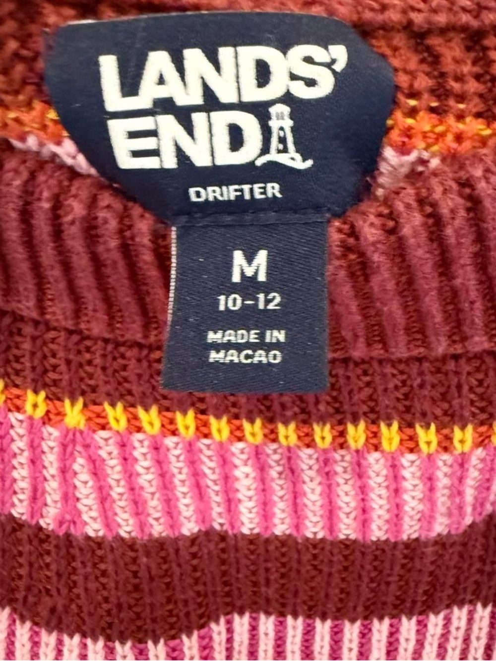 Lands End pink orange striped Drifter crewneck cotton sweater knit nautical boho - Picture 2 of 6